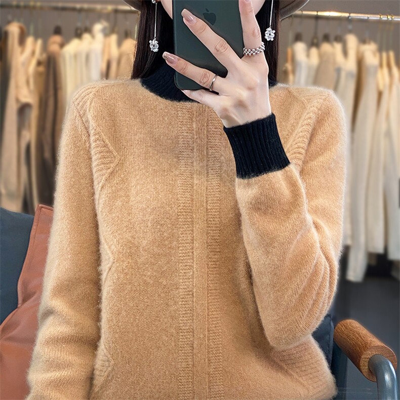 秋冬新款拼色100%羊毛衫女半高领菱形扭花羊绒衫宽松针织打底上衣,女装羊毛衫,邓利维