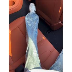 浅蓝色提花微喇牛仔裤男款秋季美式潮牌设计感阔腿裤情侣直筒裤子图片
