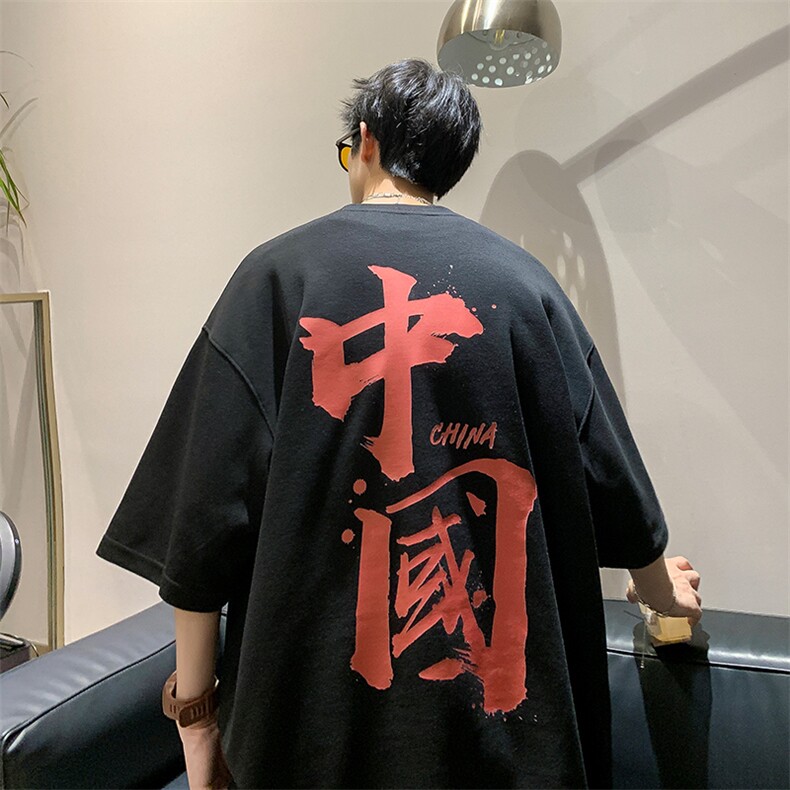 抖音供货、200克现货全棉印花宽松版型短袖T恤D223A-T22133-P25,男装T恤,电商019-1