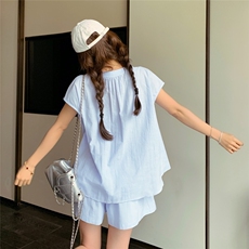休闲运动宽松蓝色衬衫短裤套装女夏2025新款两件套小个子时尚减龄，女装套装/套裙，2C090