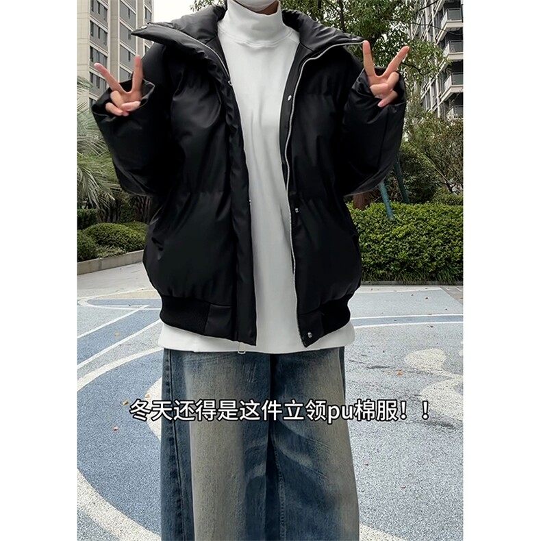 现货5W件冬季三防重磅boxy短款羽绒立领PU皮棉衣外套男女加厚棉服，男装棉衣，电商A486