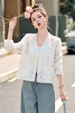 新中式欧根纱重工刺绣外套女2025春季V领开衫小香风短款蕾丝上衣，女装短外套，伊仟回