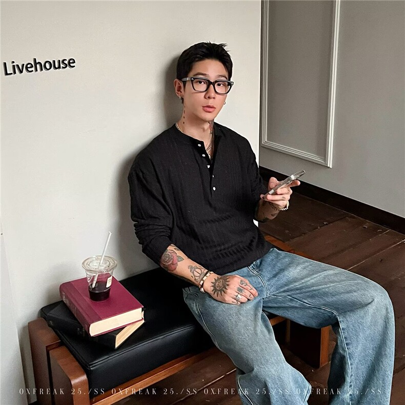 亨利领T恤男长袖薄款美式潮牌圆领肌理感打底衫513ACT2679P37,男装T恤,星座513A