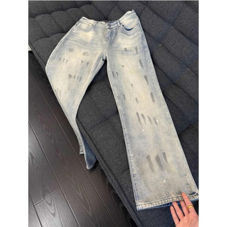 水洗泼墨猫爪痕牛仔裤男直筒美式vibe风裤子高街窄版高裆微喇叭裤，男装牛仔裤，星座1005-6