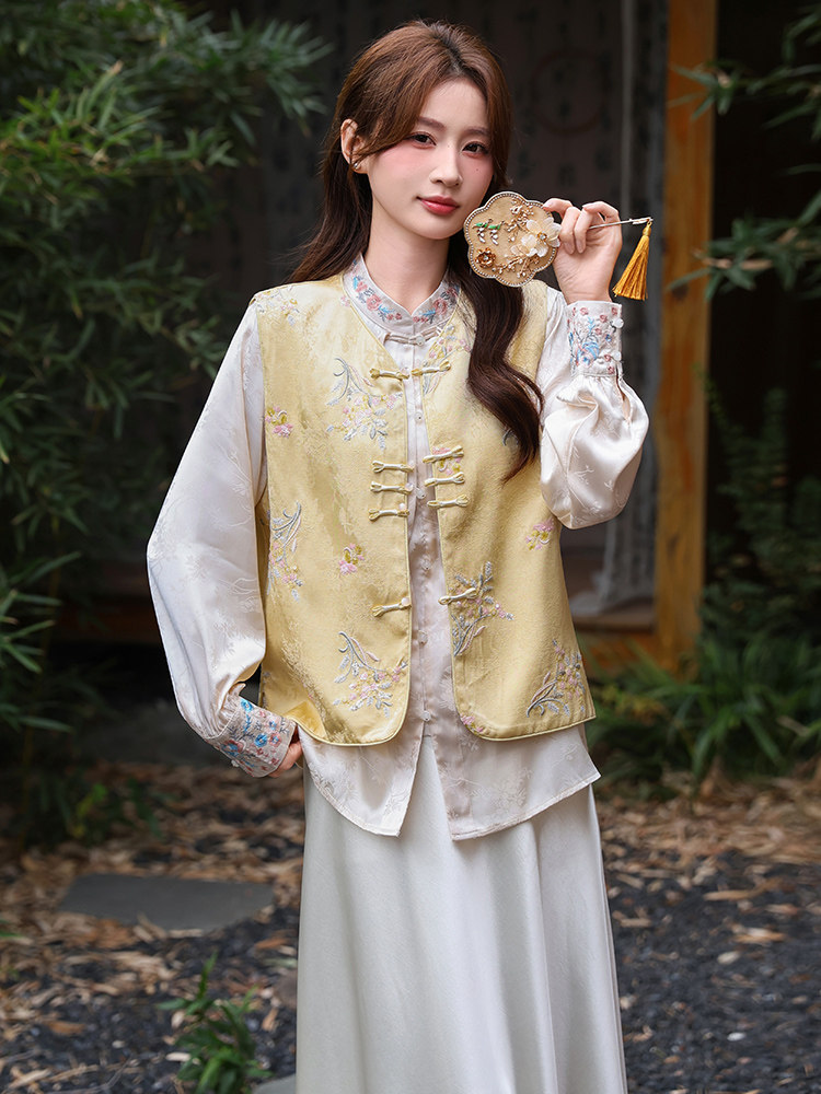 2026年春季新中式g风高级感提花马甲衬衫随意搭配套装,女装套装/套裙,超帛