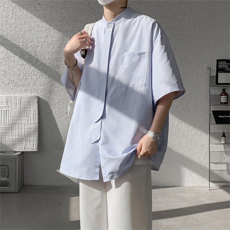 明星私服学院风条纹衬衫搭配可拆卸领带英伦风条纹打底衬衫P38,男装衬衫,电商B319