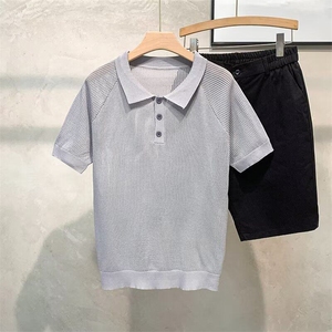 插肩袖针织短袖POLO衫男士夏季蜂窝纹休闲翻领T恤衫百搭半袖体恤图片