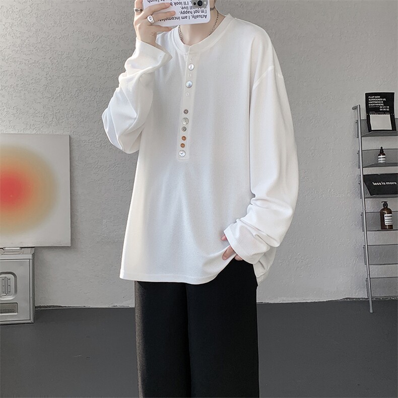 8XL-M慵懒肌理感华夫格廓形云母贝纽扣长袖T恤打底长袖CX3006P48,男装T恤,电商D206-1