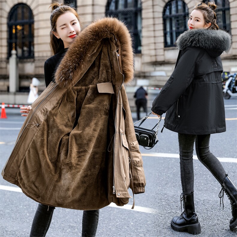 棉衣/棉服2021新款冬仿羊羔毛中长款工装带帽派克服女外套,女装派克服,瑶迪依秀
