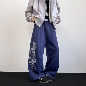 灰色美式运动裤女秋冬大码宽松显瘦休闲裤字母直筒阔腿卫裤图片
