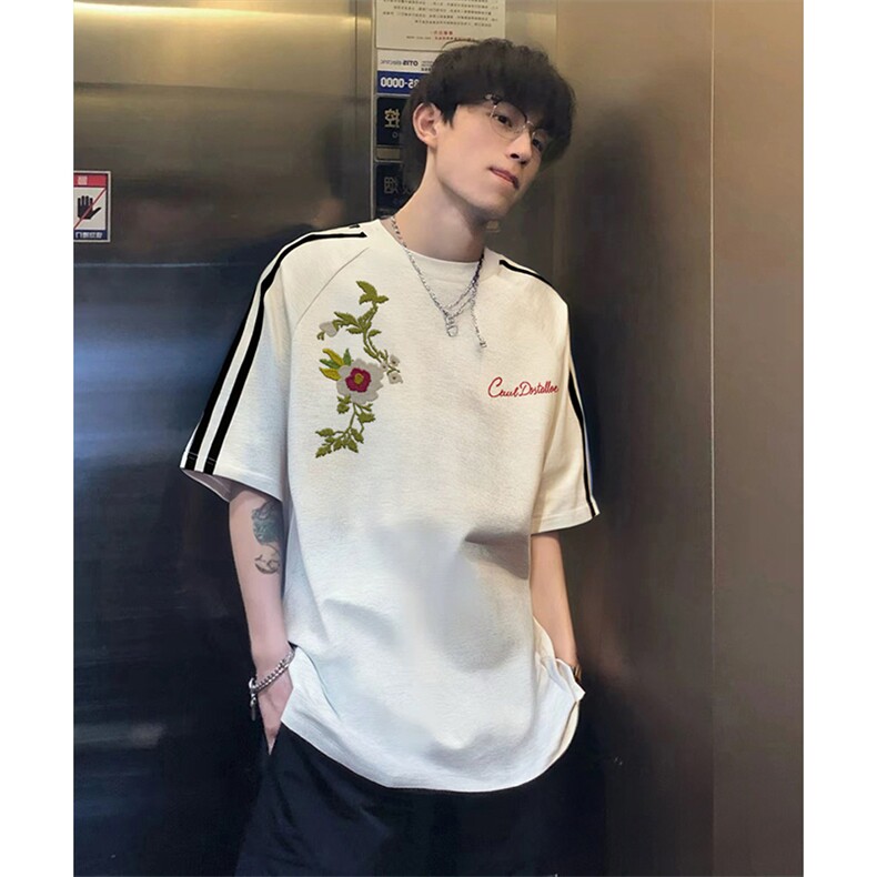 抖音得物高品质二开240克宽松纯棉美式潮牌三条杠织带短袖T恤,男装T恤,电商A486-1