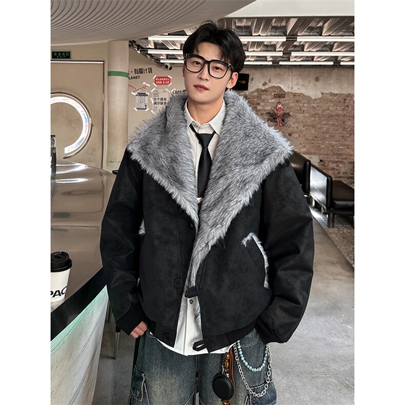 座山雕交襟扣高立领翻领皮棉衣仿水貂毛游牧加棉外套987P128，男装棉衣，电商A458A