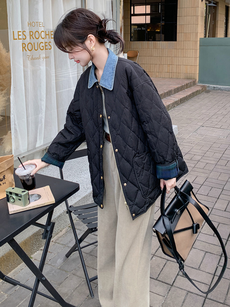 黑色菱格羽绒棉服女2024冬宽松韩版洋气超好看拼接翻领牛仔小棉袄,女装棉衣/棉服,C位
