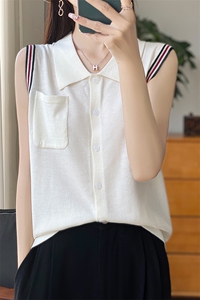 25款春夏季polo领无袖系扣开衫女精纺羊毛拼色小翻领百搭上衣T恤图片