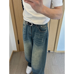 春秋新款美式复古牛仔裤男潮牌水洗设计感痞帅阔腿直筒裤子图片