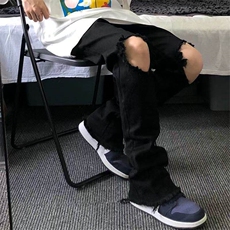 网图高街水洗毛边拼接黑色破洞牛仔裤复古微喇牛仔长裤N630-P36，男装牛仔裤，星座1001-1