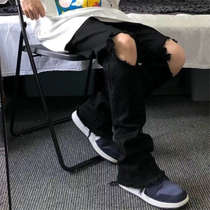 网图高街水洗毛边拼接黑色破洞牛仔裤复古微喇牛仔长裤N630-P36图片