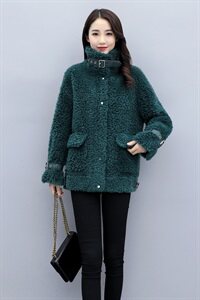 2025新款颗粒绒爱美利时尚气质皮毛一体韩版立领纯色羊毛外套，女装毛呢外套，媚琳依坊