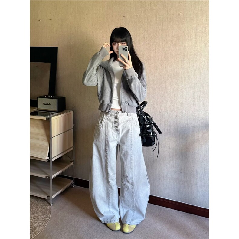 2025春季新款压褶设计高腰显瘦宽松版休闲阔腿牛仔裤女,男装牛仔裤,星座506A