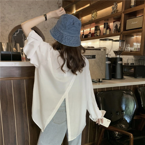 价韩版复古宽松显瘦百搭长袖衬衣后开叉中长款防晒衫，女装衬衫，潮品会