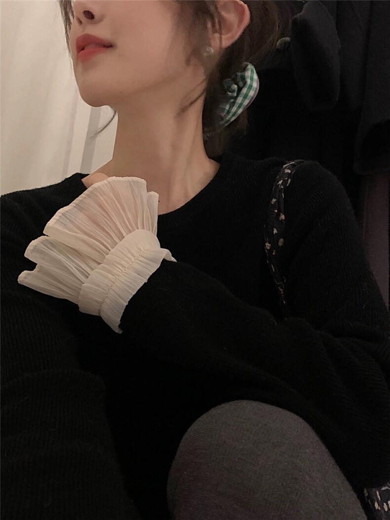 时尚百搭羊毛荷叶袖圆领打底衫显瘦修身长袖针织衫,女装羊毛衫,圣旺供货