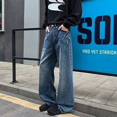 水洗复古高级感牛仔裤男款春季hiphop闪电纹痞帅裤子直筒休闲长裤，男装牛仔裤，电商A063