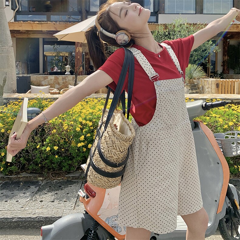 韩系减龄波点背带裤短T恤两件套女2025夏季新款学院风连体裤套装,女装连体裤,2C087