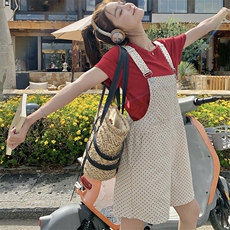 韩系减龄波点背带裤短T恤两件套女2025夏季新款学院风连体裤套装，女装连体裤，2C087