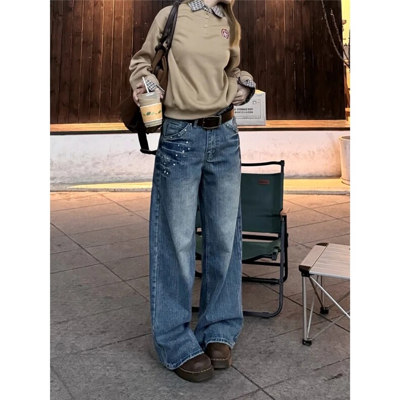 复古蓝水洗弯刀牛仔裤男女美式高街宽松直筒阔腿裤子NZA22-P57,男装牛仔裤,星座208-5