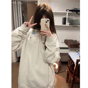 花卉刺绣女秋冬季宽松慵懒风情侣潮牌圆领华棉卫衣WYL02 P40图片