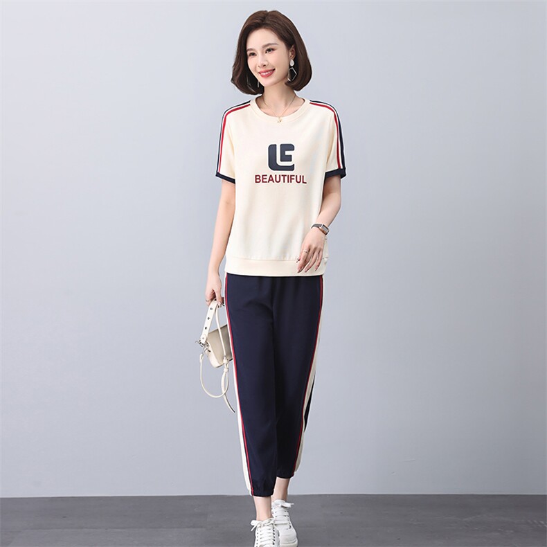 卫衣套装女2025夏季新款时尚休闲运动撞色中年妈妈短袖t恤两件套,女装套装/套裙,独衣靓