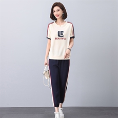卫衣套装女2025夏季新款时尚休闲运动撞色中年妈妈短袖t恤两件套，女装套装/套裙，独衣靓