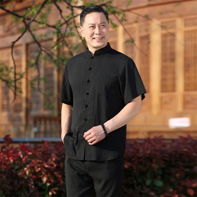中老年风唐装夏季短袖衬衫套装男士唐装中式盘扣短袖T恤,男装民族服装,钱塘723