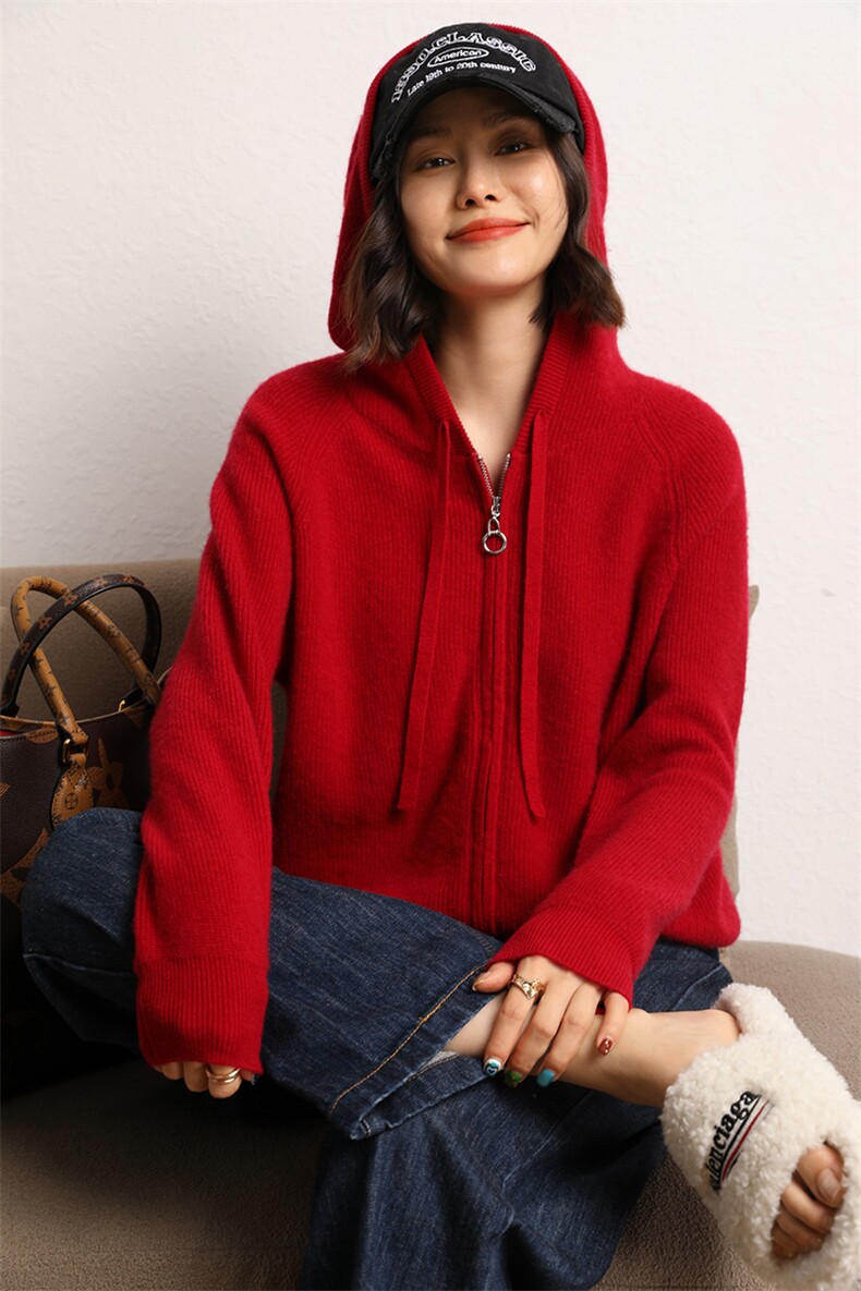 时尚潮流大气简约套头羊绒衫女连帽长袖纯色,女装羊绒衫,五色羊羊绒