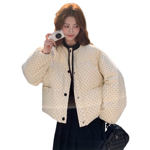 新款现货2025年冬季千金风波点韩系休闲短款丝绒领带羽绒服外套图片
