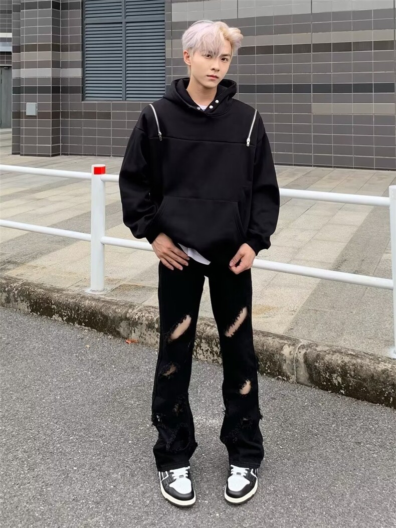 美式复古破洞微喇叭黑色牛仔裤男高街NT201P40,男装牛仔裤,星座1116-2