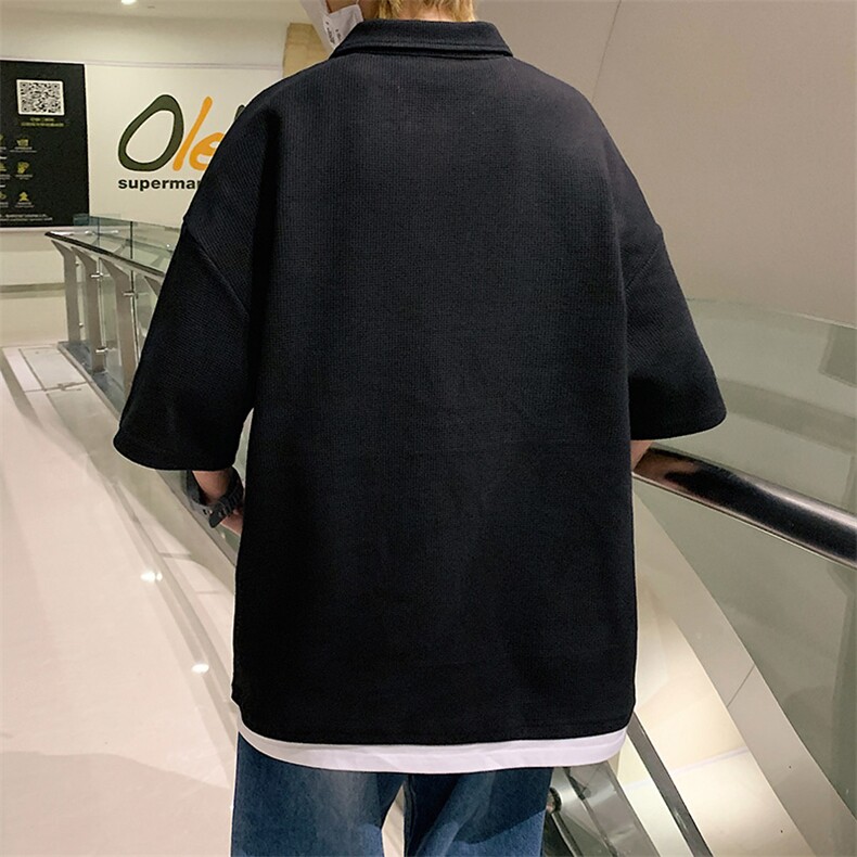 夏季新品学生宽松运动假两件潮时尚翻领T恤短袖1500-P45控价68,男装T恤,电商A441-1