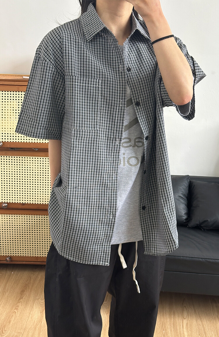 格子衬衫春夏美式短袖衬衫港风情侣装休闲衬衣CS286-P30,男装T恤,星座301C-5