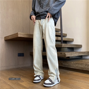 美式高街复古水洗微喇拉链水洗泥巴黄牛仔裤B315-K23204-P55控68图片