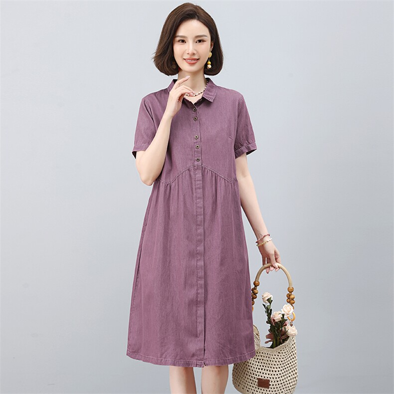 中年妈妈薄款纯棉牛仔连衣裙女2025夏季新款宽松休闲减龄衬衫裙子,女装连衣裙,韩派