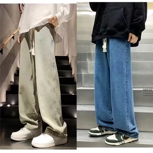 浅蓝色牛仔裤男款春秋季新款抽绳宽松直筒裤美式高街vibe风唱裤子图片