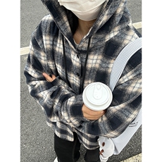 300克重毛呢连帽格子衬衫磨毛中性加厚连帽衬衫外套CS069-P48，男装衬衫，星座301C-5