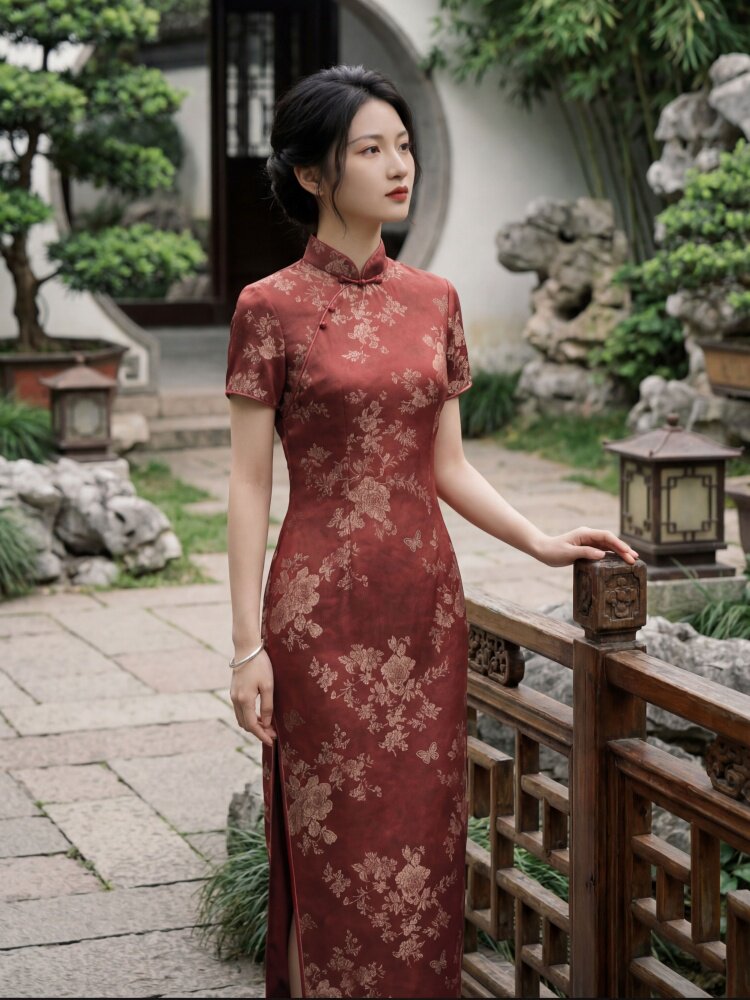 2026年夏季新品时尚气质金丝提花香云纱品质真丝喜庆中长款旗袍裙,女装连衣裙,媚琳依坊