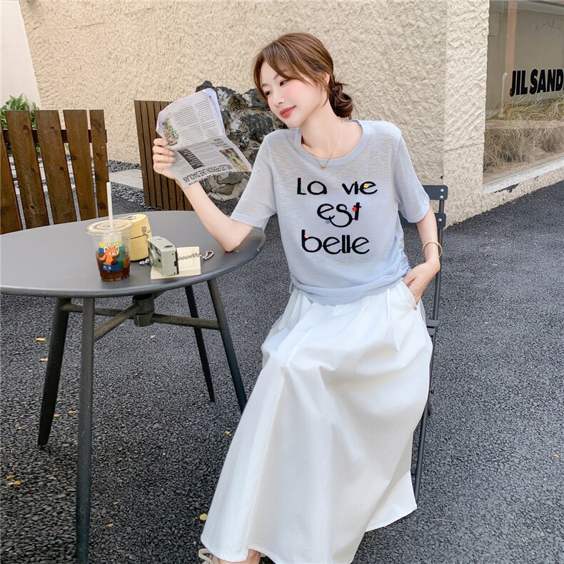 2025夏季新款韩版时尚气质百搭显瘦短袖上衣+高腰半身裙两件套女图片