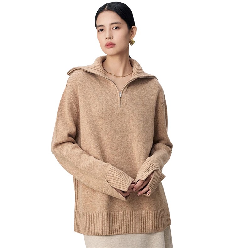 秋冬女士时尚宽松翻领羊毛拉链款针织衫,女装羊毛衫,挚尚羊绒