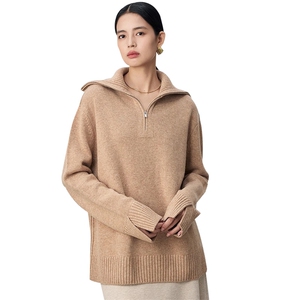 秋冬女士时尚宽松翻领羊毛拉链款针织衫图片