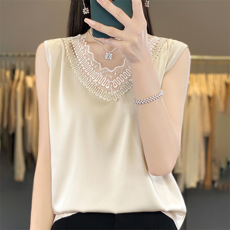 夏季新款醋酸真丝绸面吊带女V领蕾丝无袖背心宽松百搭套头内搭潮，女装背心吊带，朝贺羊绒