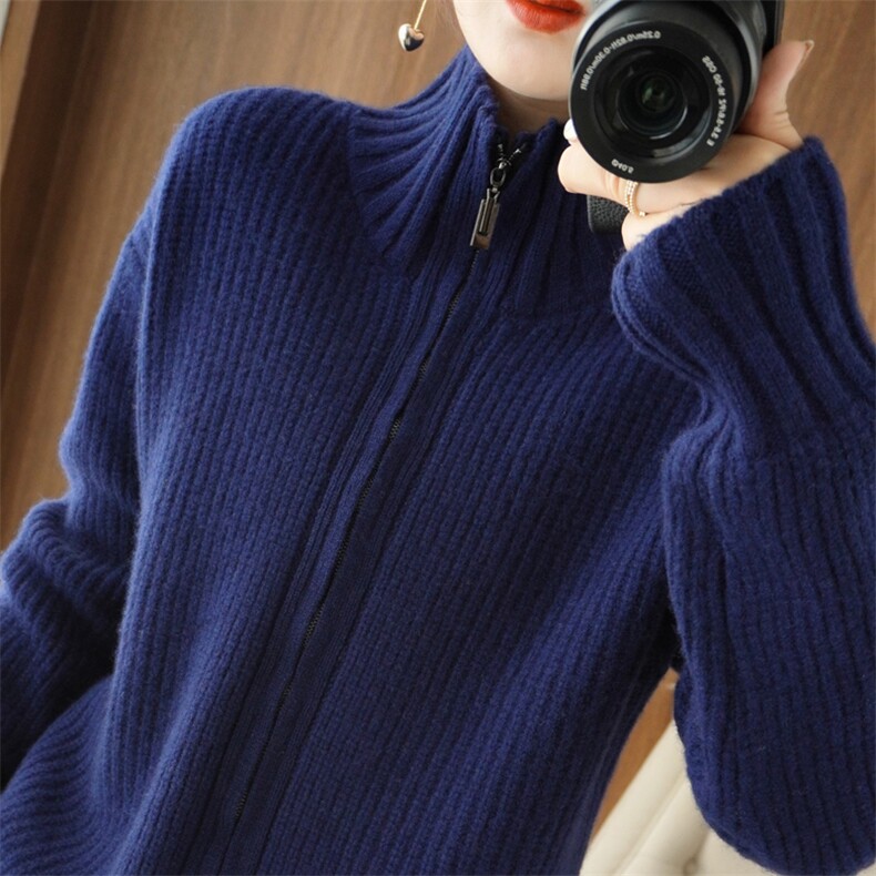 25秋冬新款开衫女立领拉链外套毛衣百搭加厚长袖羊绒衫，女装羊毛衫，忠诺羊绒