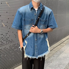 C526P47美式复古感垫肩短袖牛仔衬衫男宽松夏季翻领衬衣痞，男装T恤，星座512-6