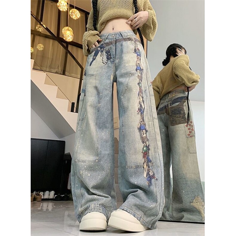 高腰印花阔腿牛仔裤女夏季小个子宽松直筒显瘦垂感拖地裤NA202,男装牛仔裤,星座1116A（原606A-3）